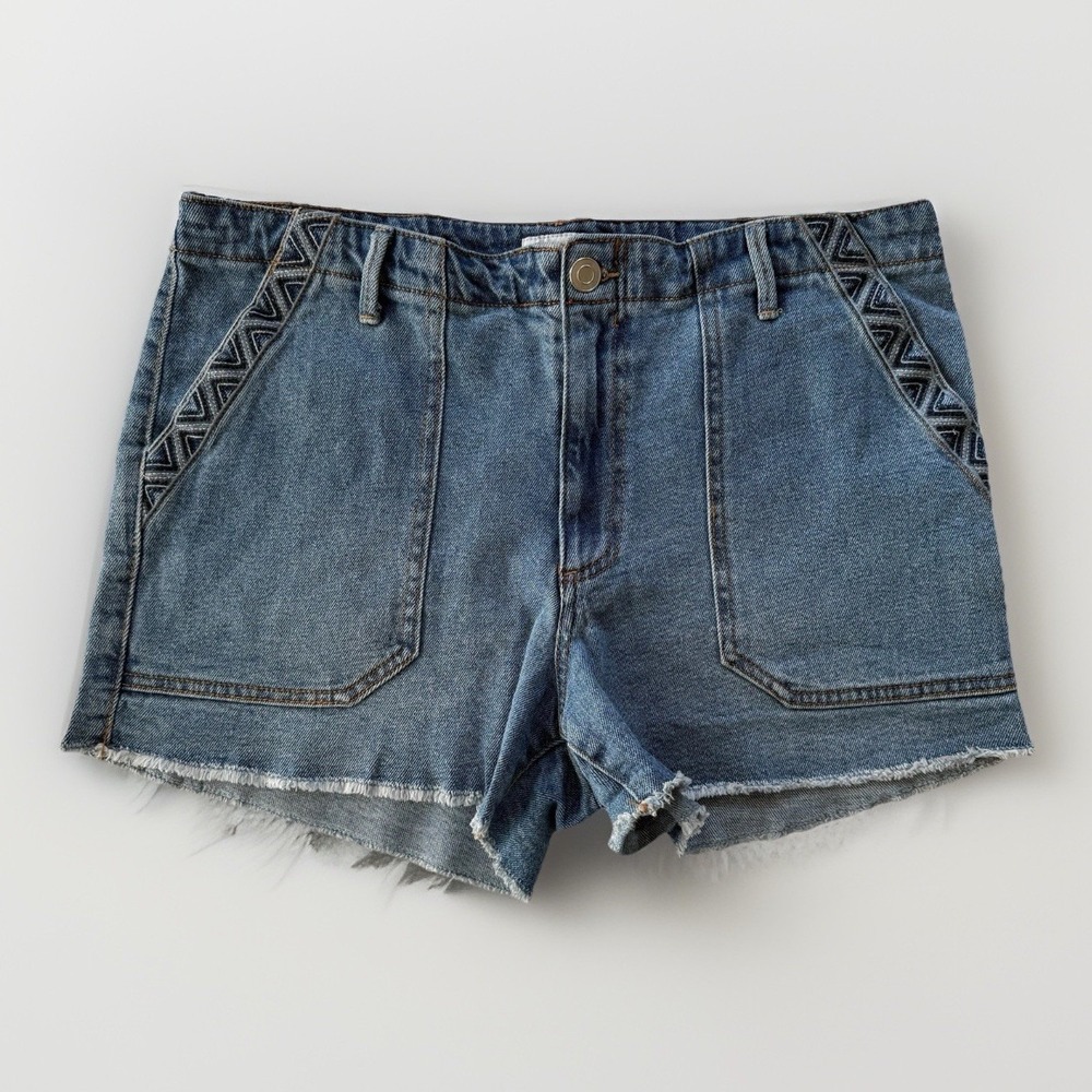 Knox Rose Jean Shorts Aztec Geometric Trim Boho Festival Blue Denim Women's‎ 14
